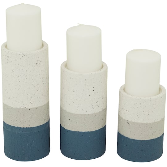 Blue Metal Striped Pillar Candle Holder Set